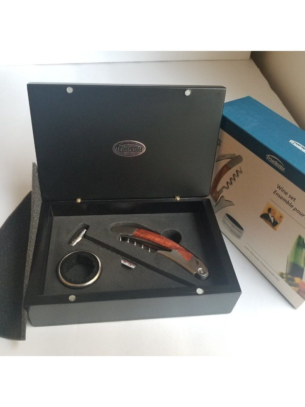 Wine Tool Set Corkscrew Thermometer Wine Ring Wood Case Bar Tools Trudeau